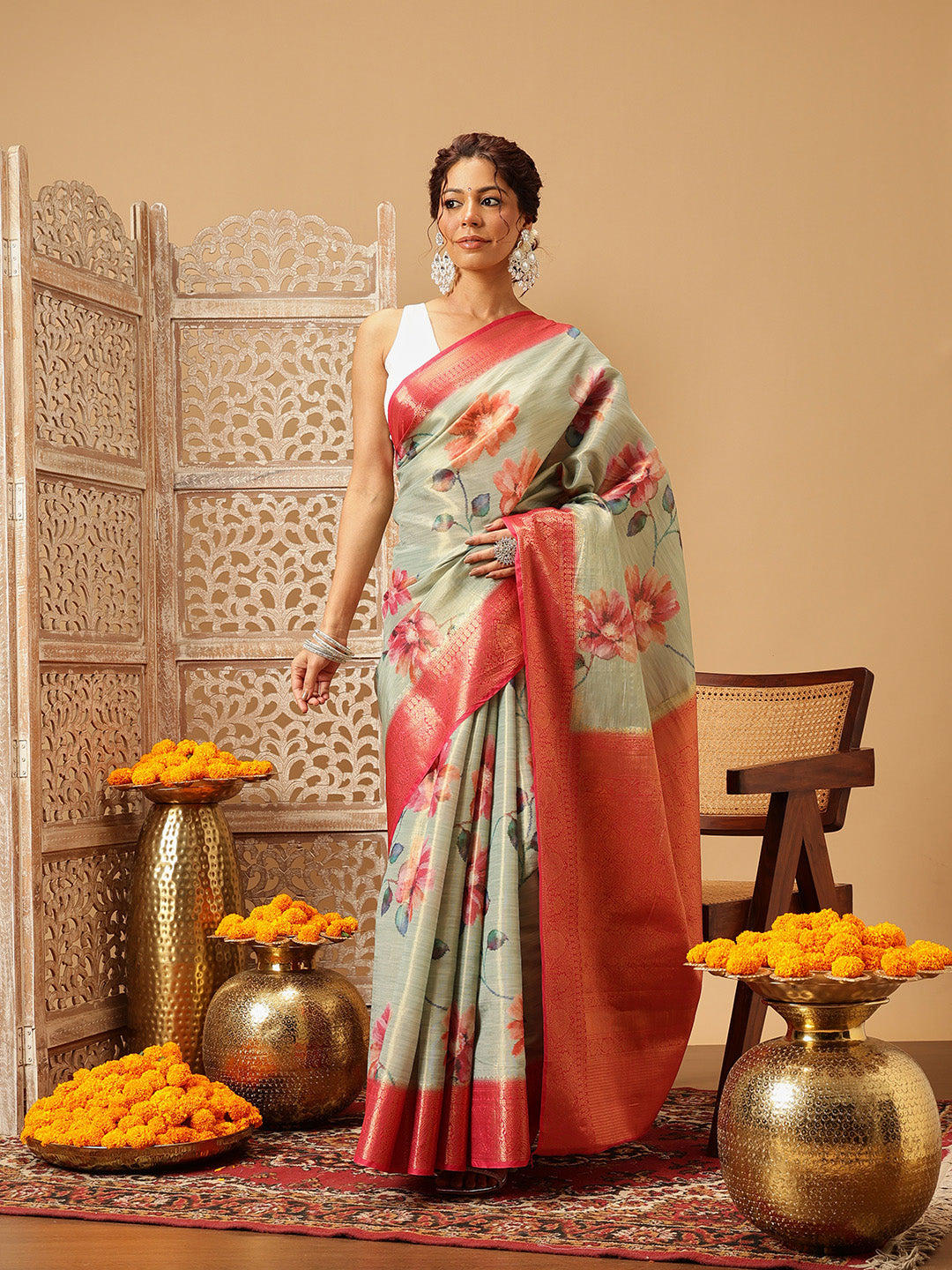 Banarasi Tissue Soft Silk Digital Printed Saree Woven Pallu & Blouse