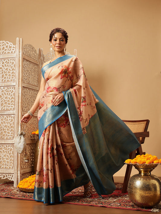 Banarasi Tissue Soft Silk Digital Printed Saree Woven Pallu & Blouse