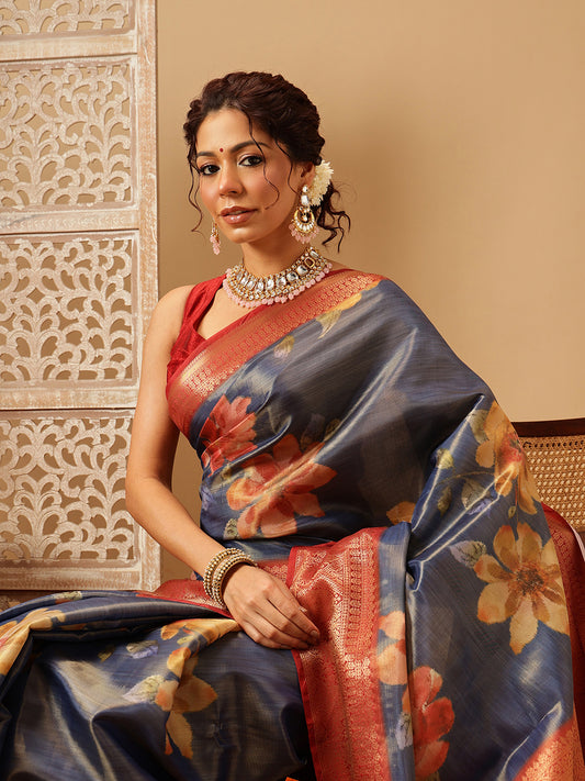 Crushed Tissue Silk Floral Digital Printed Saree