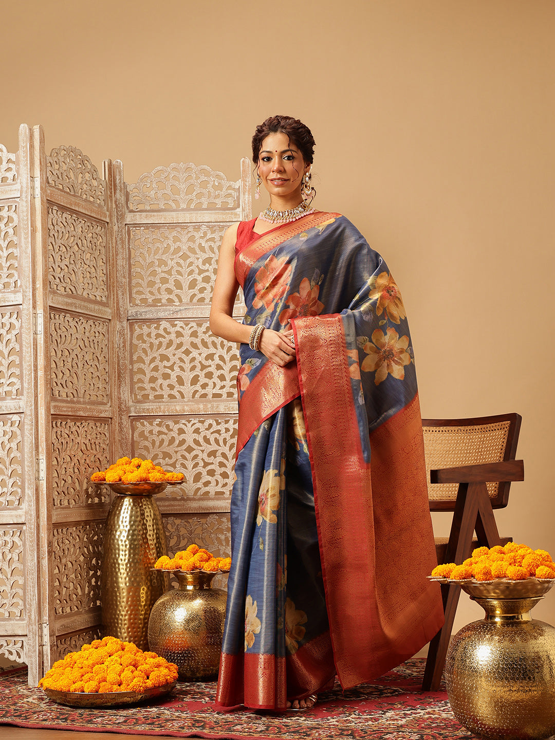 Crushed Tissue Silk Floral Digital Printed Saree