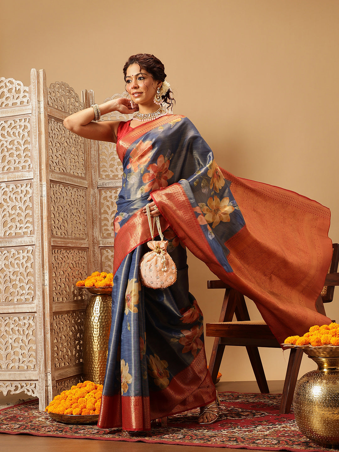 Crushed Tissue Silk Floral Digital Printed Saree