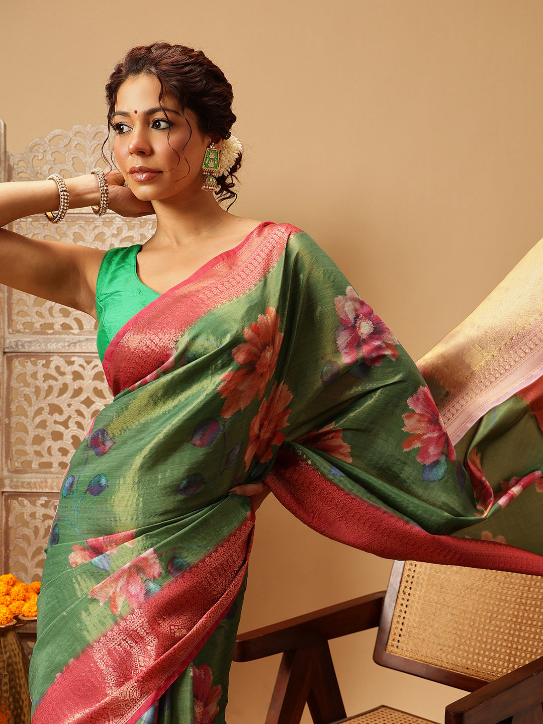 Crushed Tissue Silk Floral Digital Printed Saree
