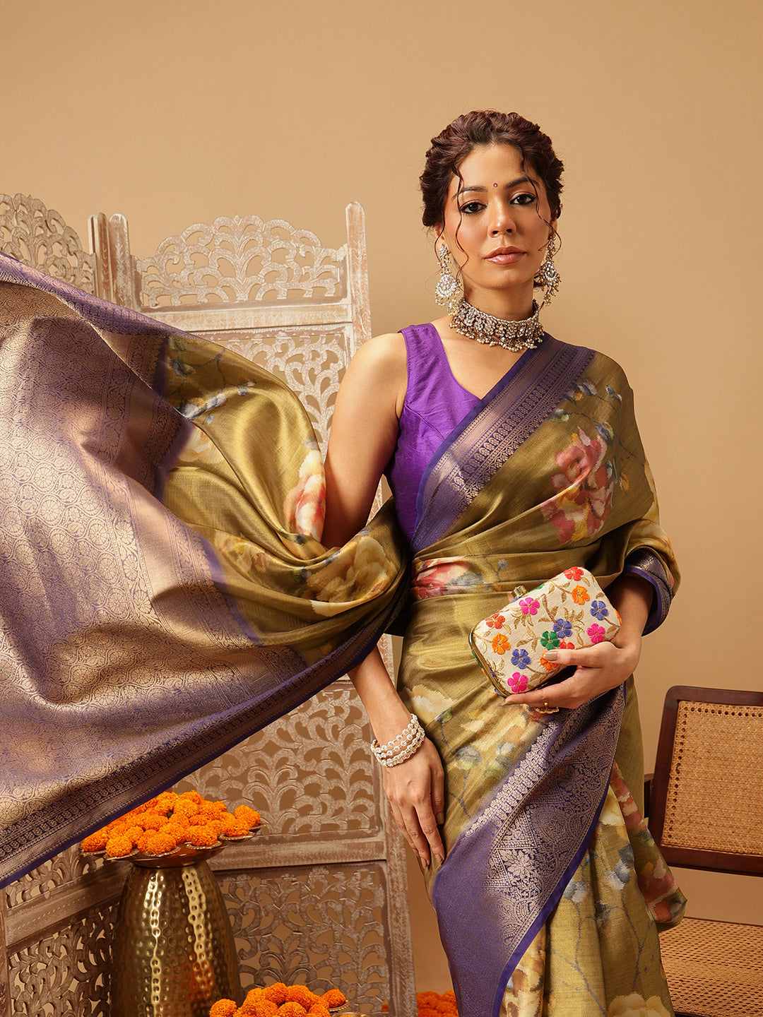 Crushed Tissue Silk Floral Digital Printed Saree