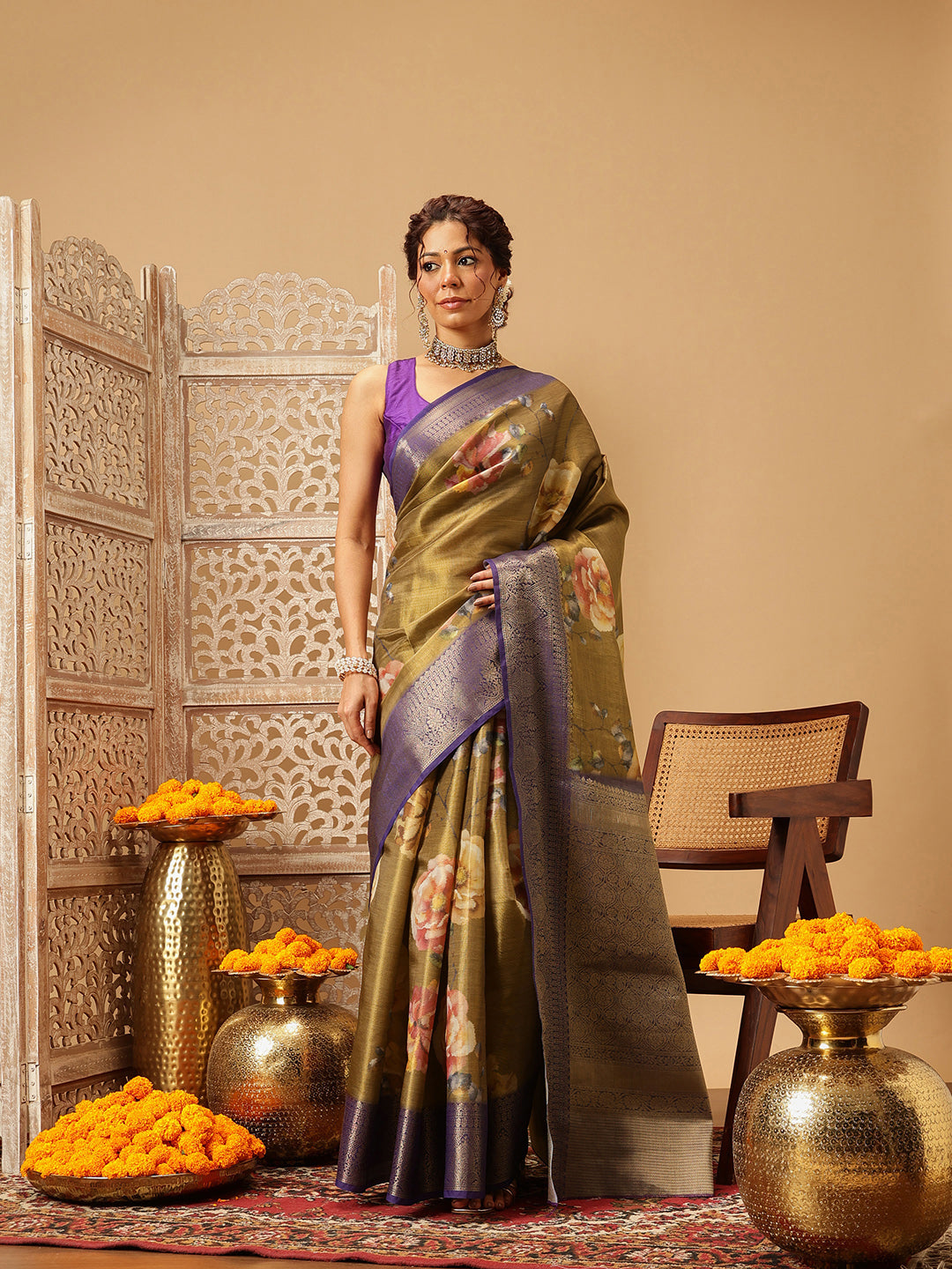 Crushed Tissue Silk Floral Digital Printed Saree