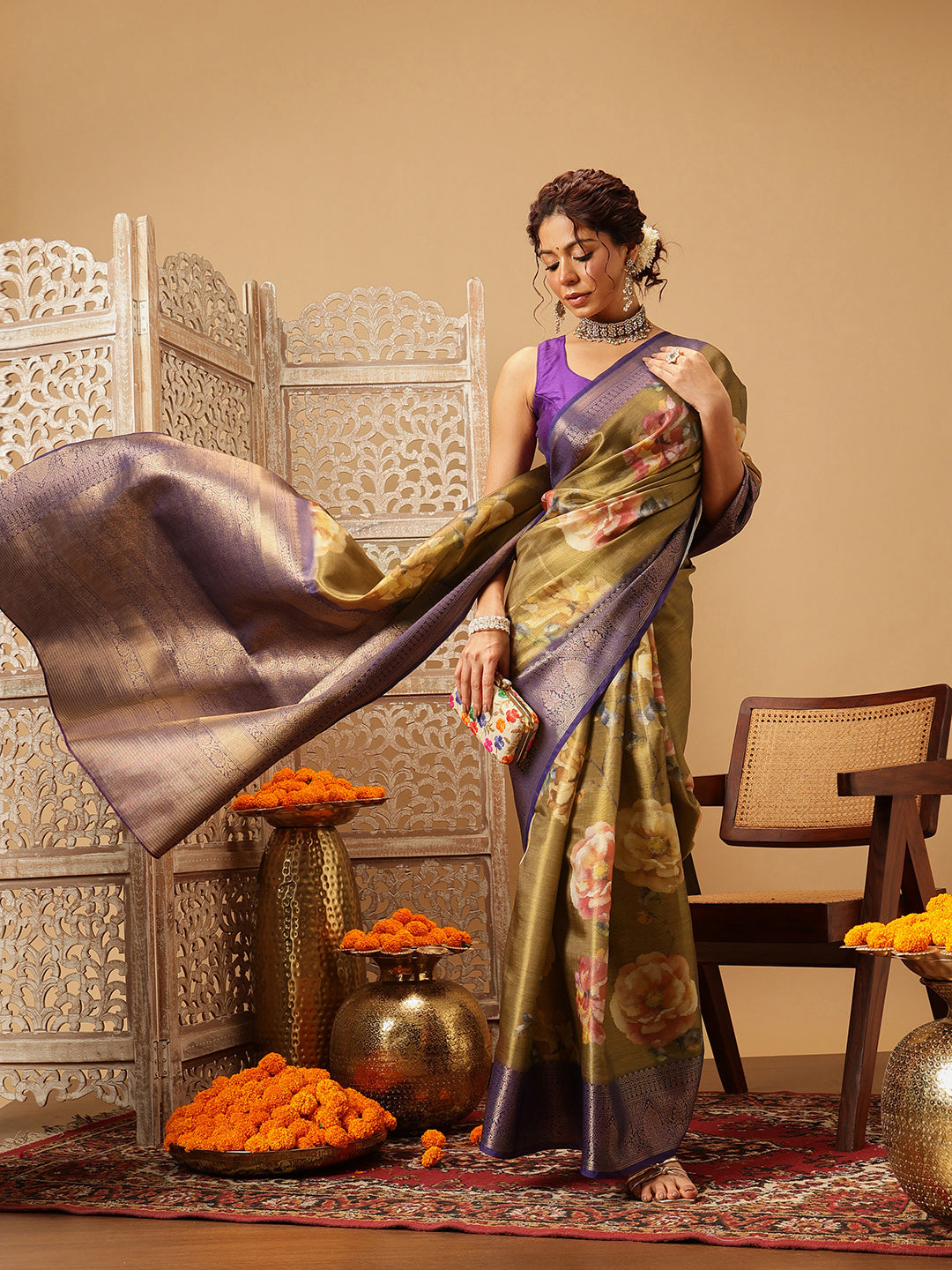 Crushed Tissue Silk Floral Digital Printed Saree