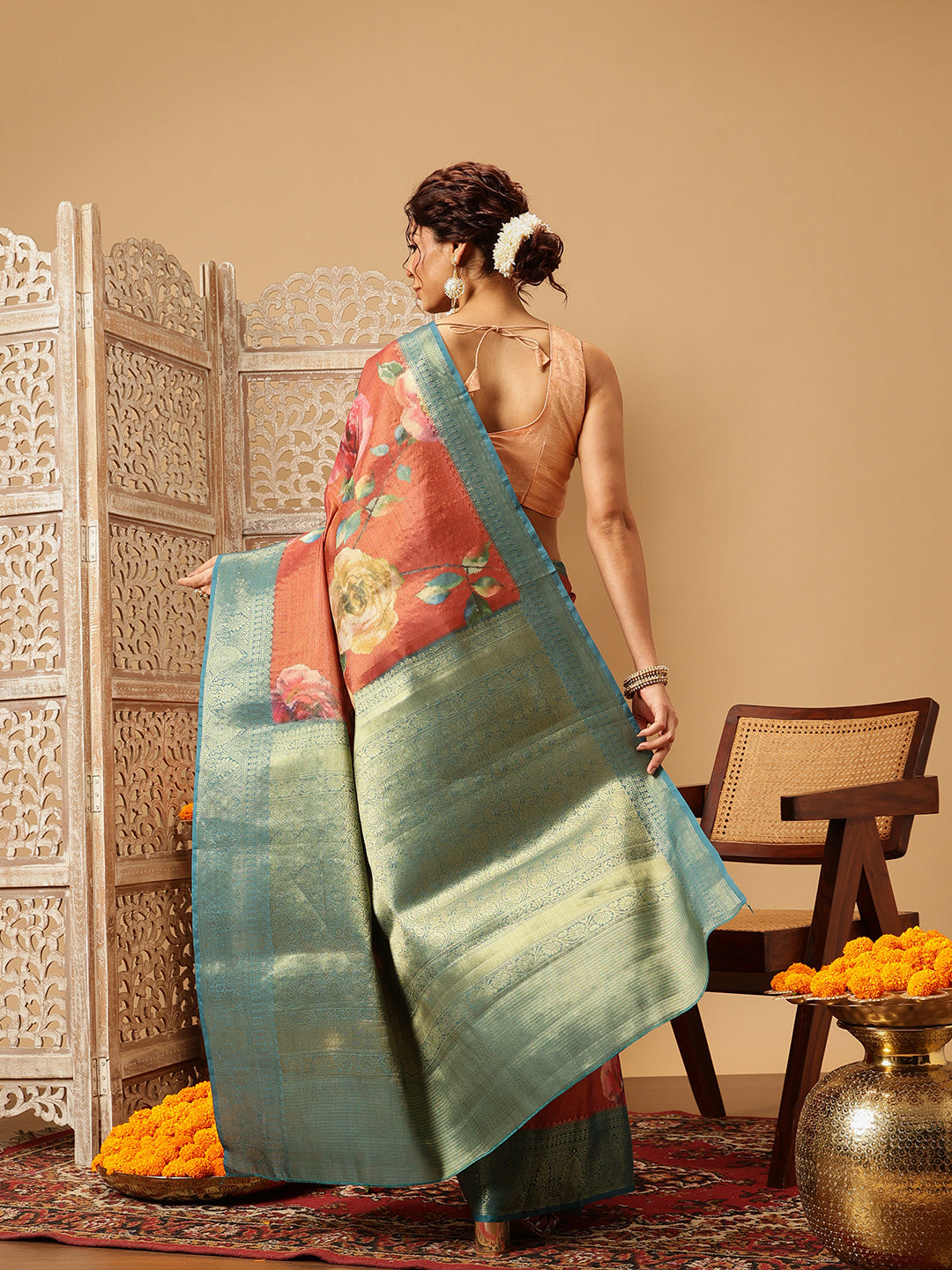 Crushed Tissue Silk Floral Digital Printed Saree