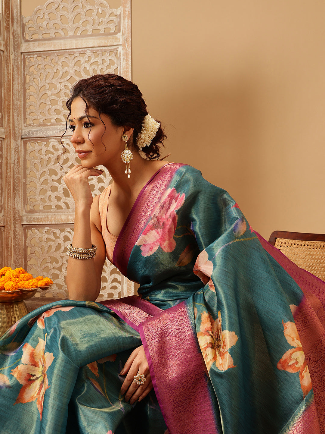 Crushed Tissue Silk Floral Digital Printed Saree