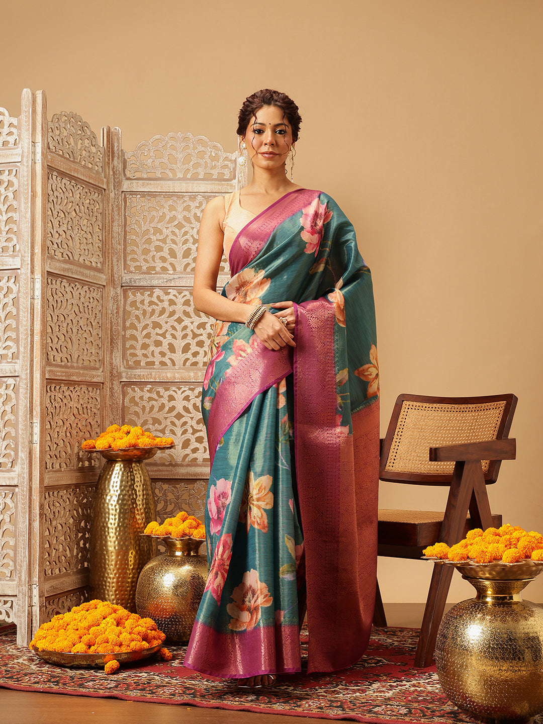 Crushed Tissue Silk Floral Digital Printed Saree
