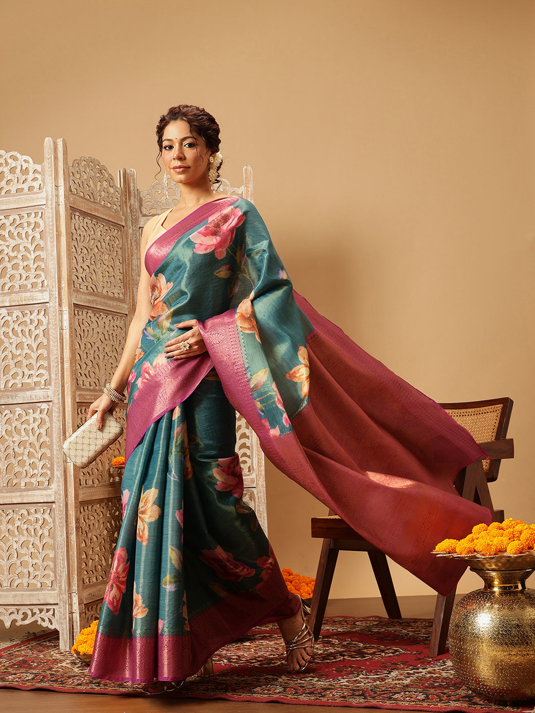 Crushed Tissue Silk Floral Digital Printed Saree