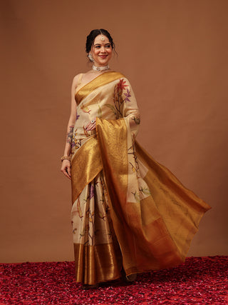 Banarasi Soft Silk Zari Tissue With Digital Printed Saree – Yellow (Design 2830)