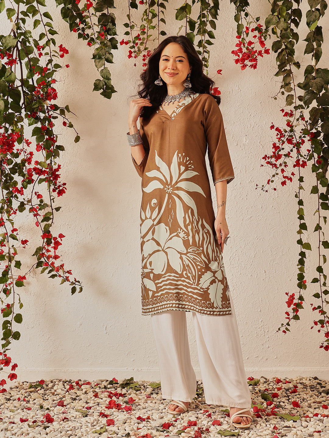 Women's Rayon Cotton Slub Regular Straight Printed Kurta