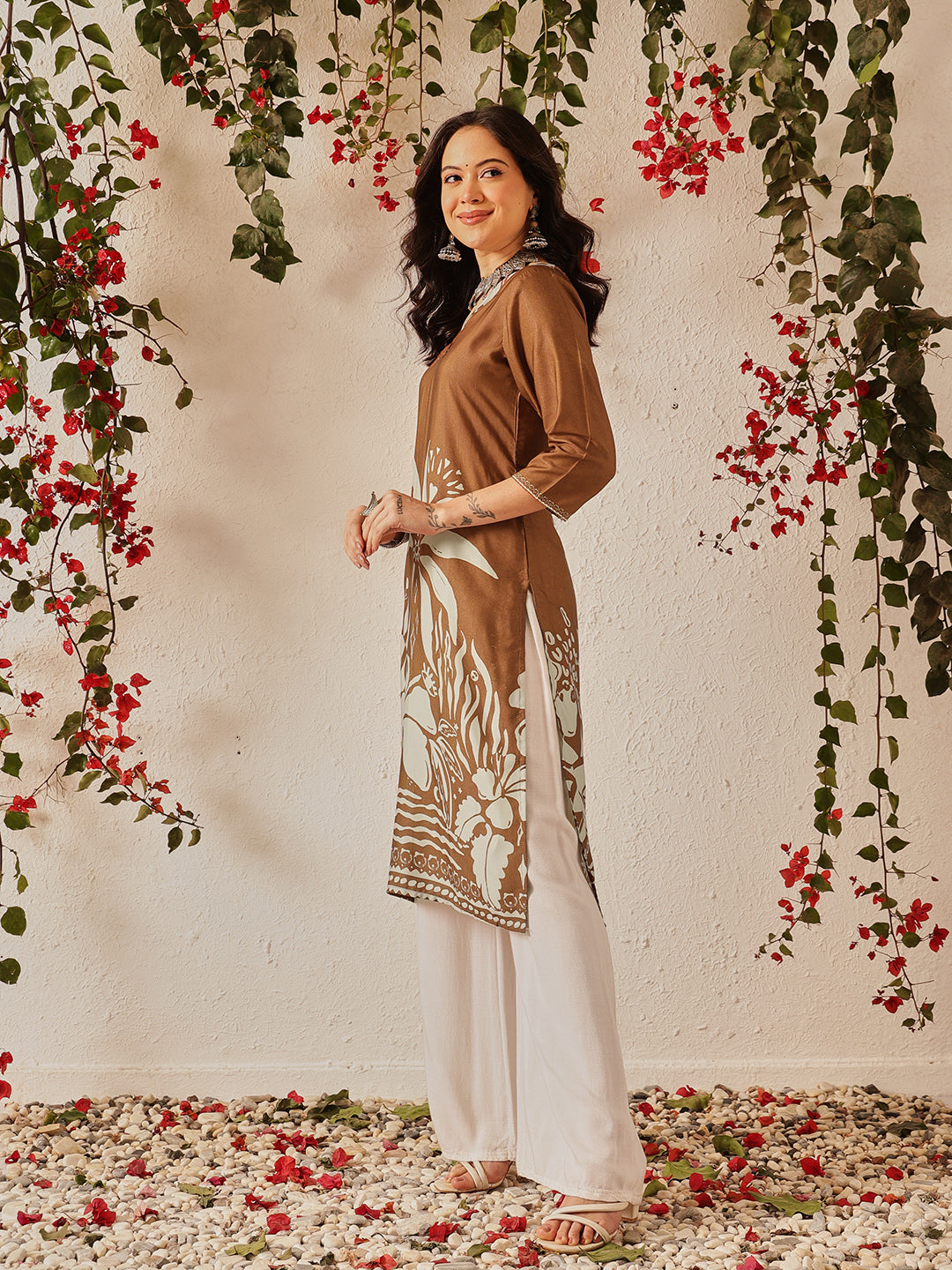 Women's Rayon Cotton Slub Regular Straight Printed Kurta