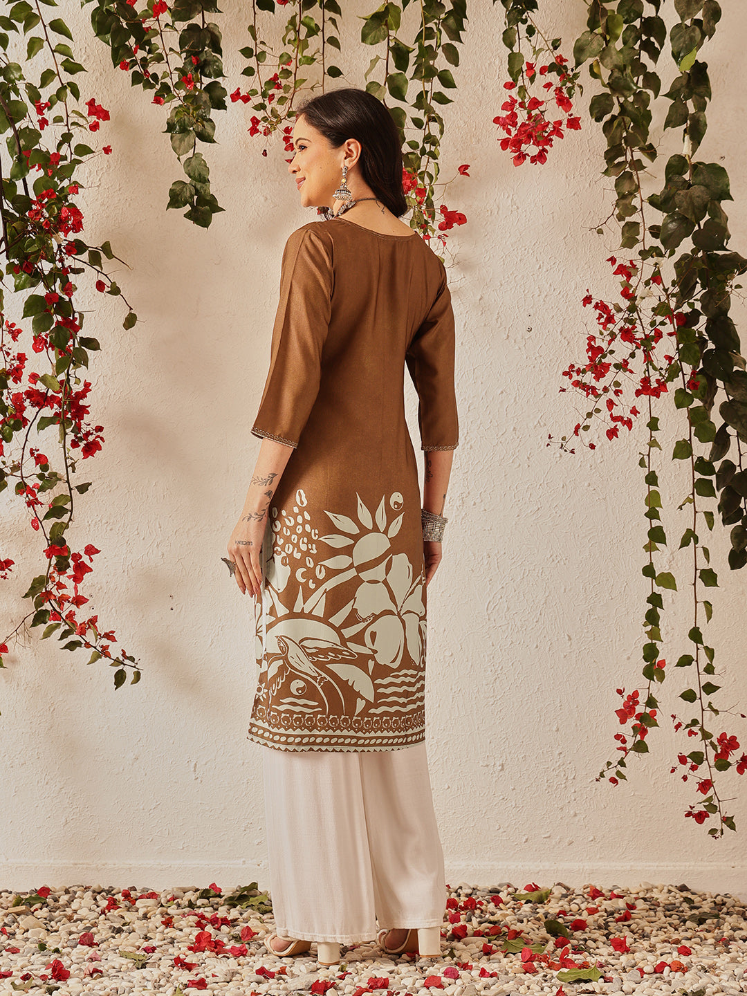 Women's Rayon Cotton Slub Regular Straight Printed Kurta