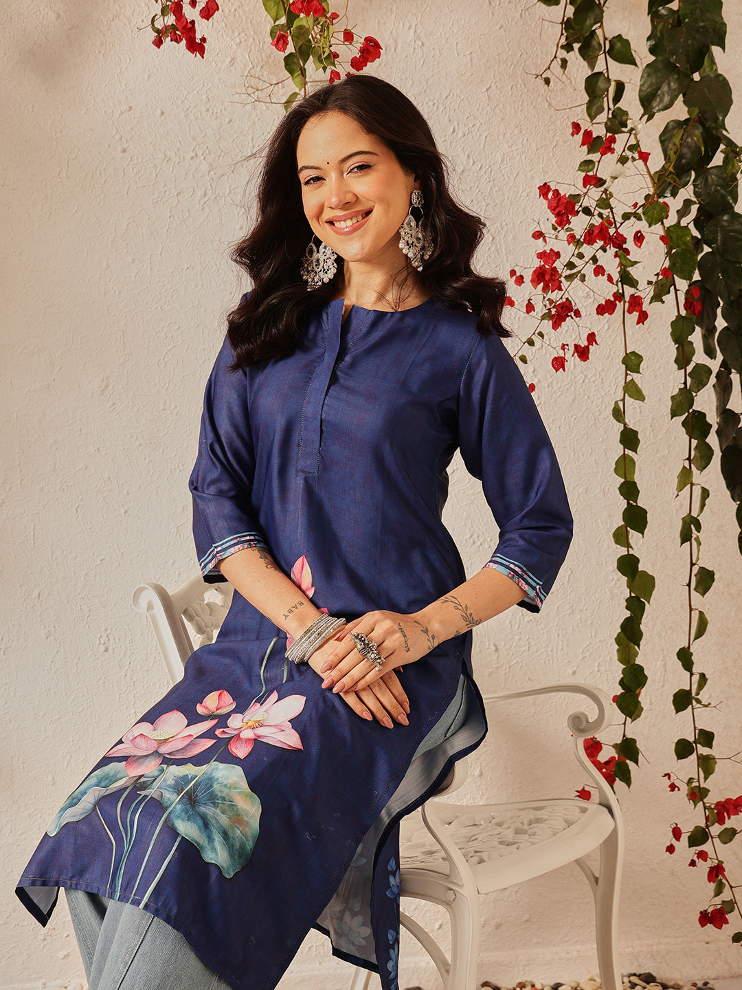 Women's Rayon Cotton Slub Regular Straight Printed Kurta