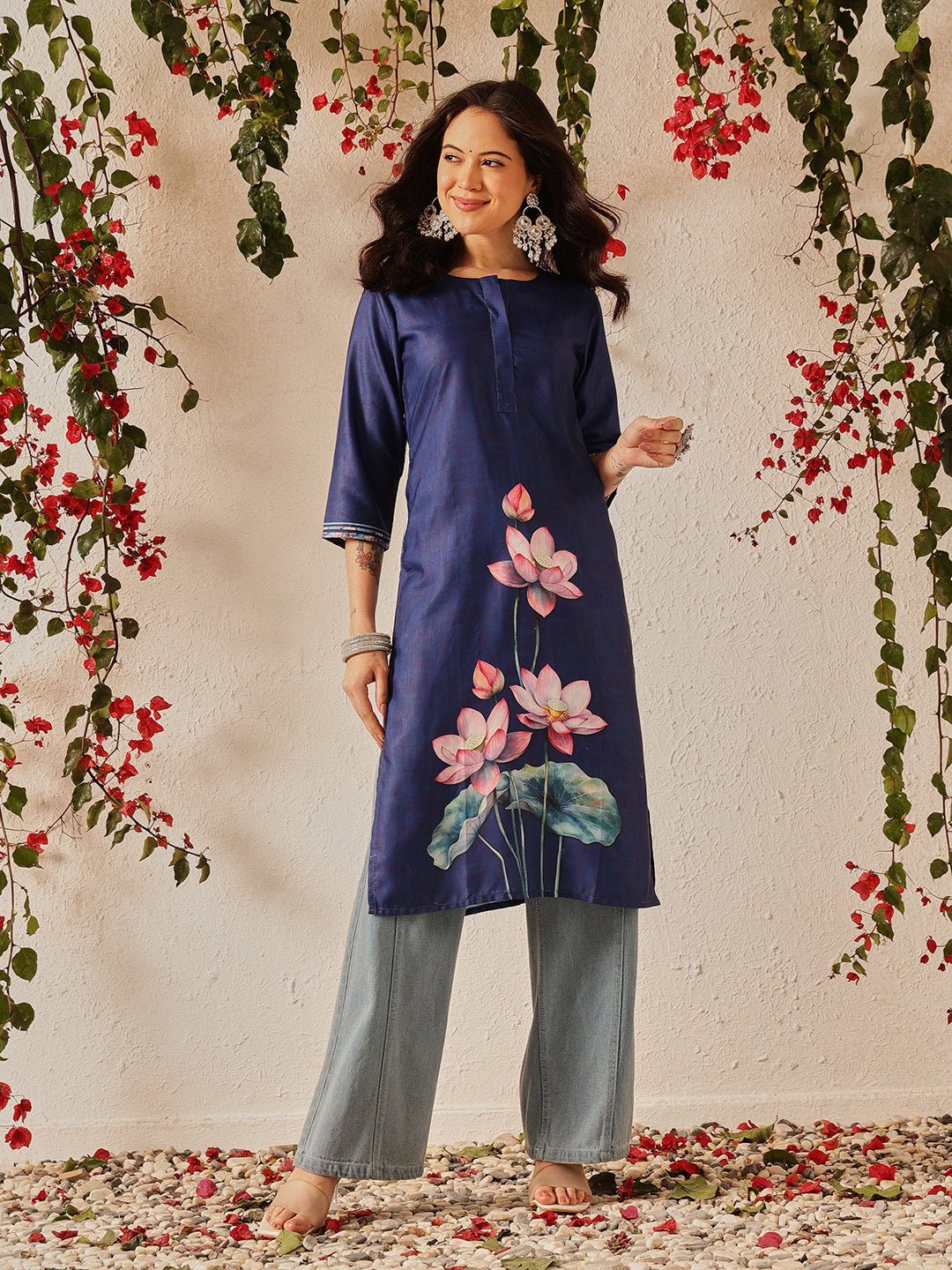Women's Rayon Cotton Slub Regular Straight Printed Kurta