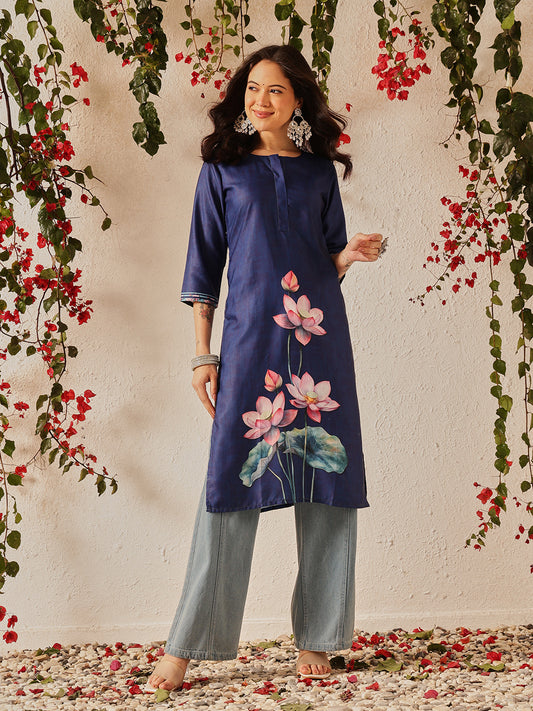 Women's Rayon Cotton Slub Regular Straight Printed Kurta