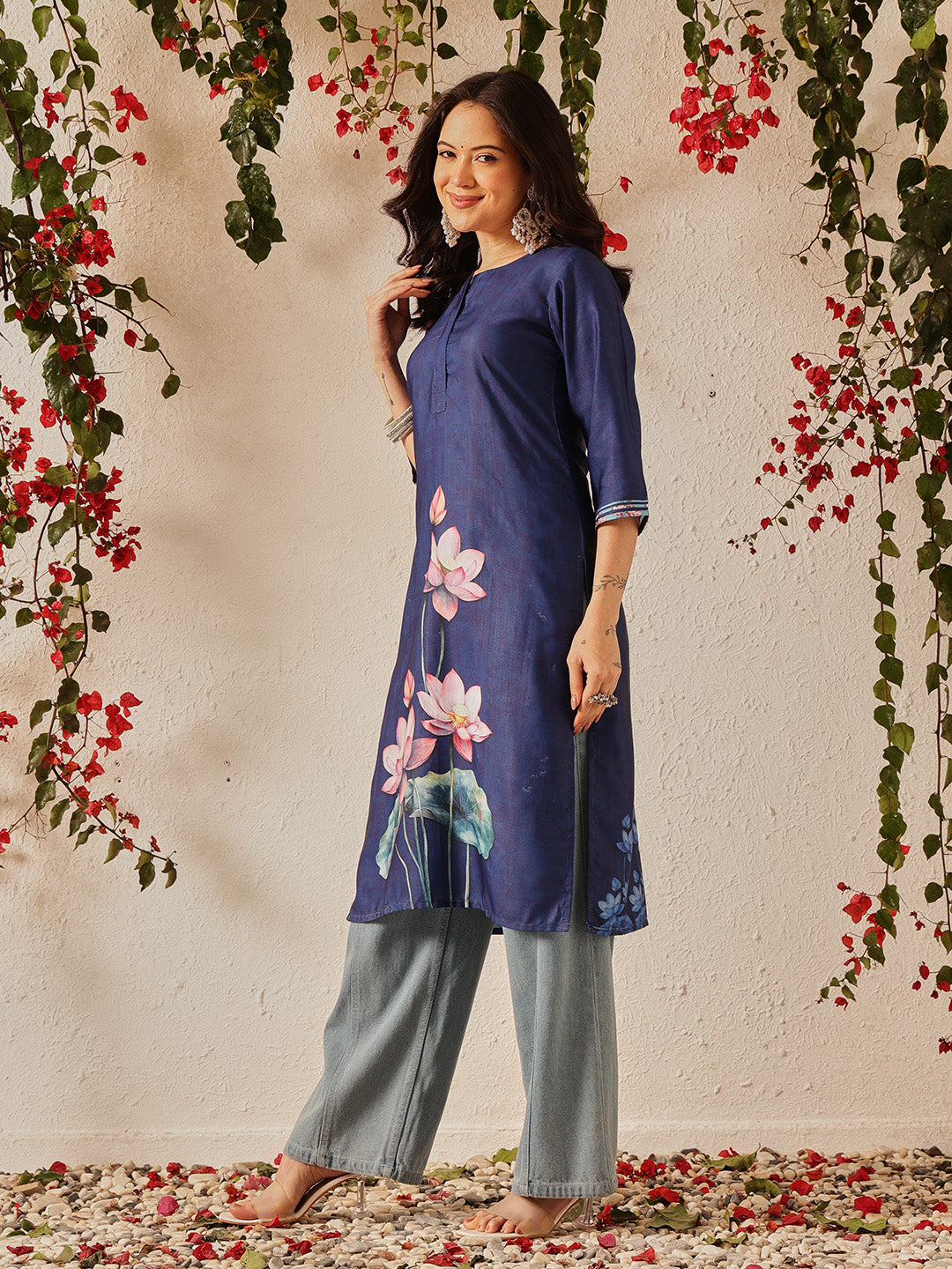 Women's Rayon Cotton Slub Regular Straight Printed Kurta