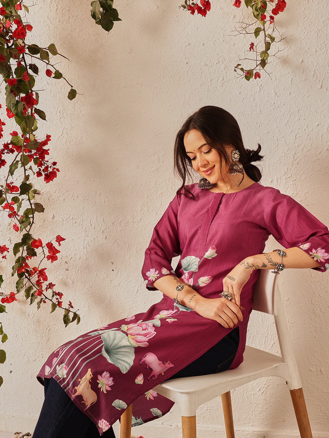 Women's Rayon Cotton Slub Regular Straight Printed Kurta