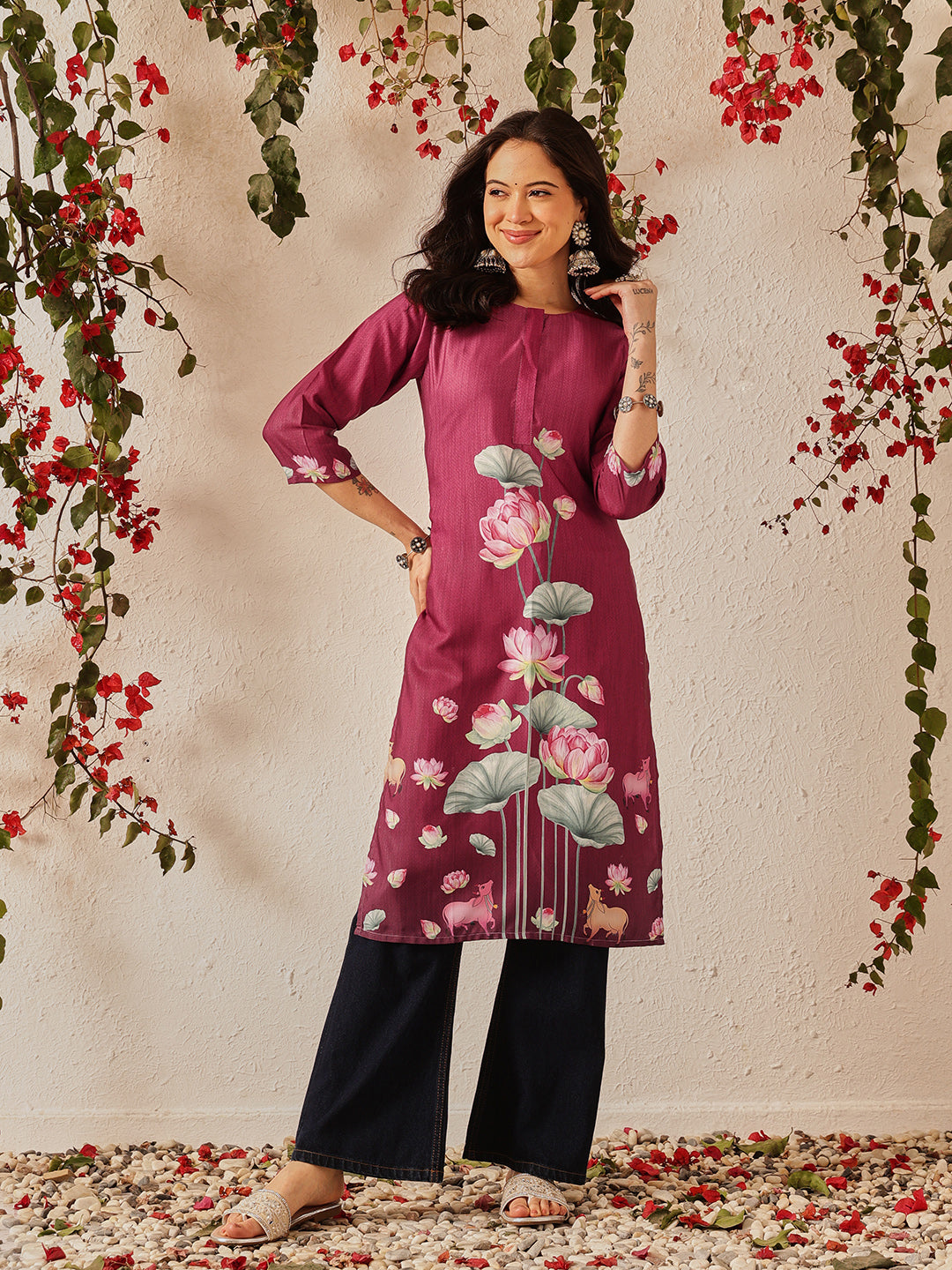 Women's Rayon Cotton Slub Regular Straight Printed Kurta