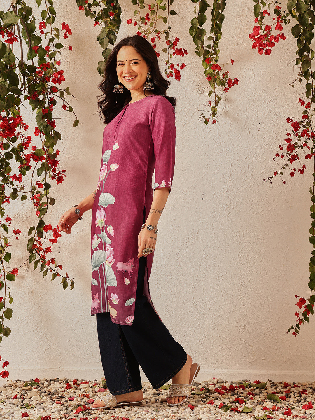 Women's Rayon Cotton Slub Regular Straight Printed Kurta