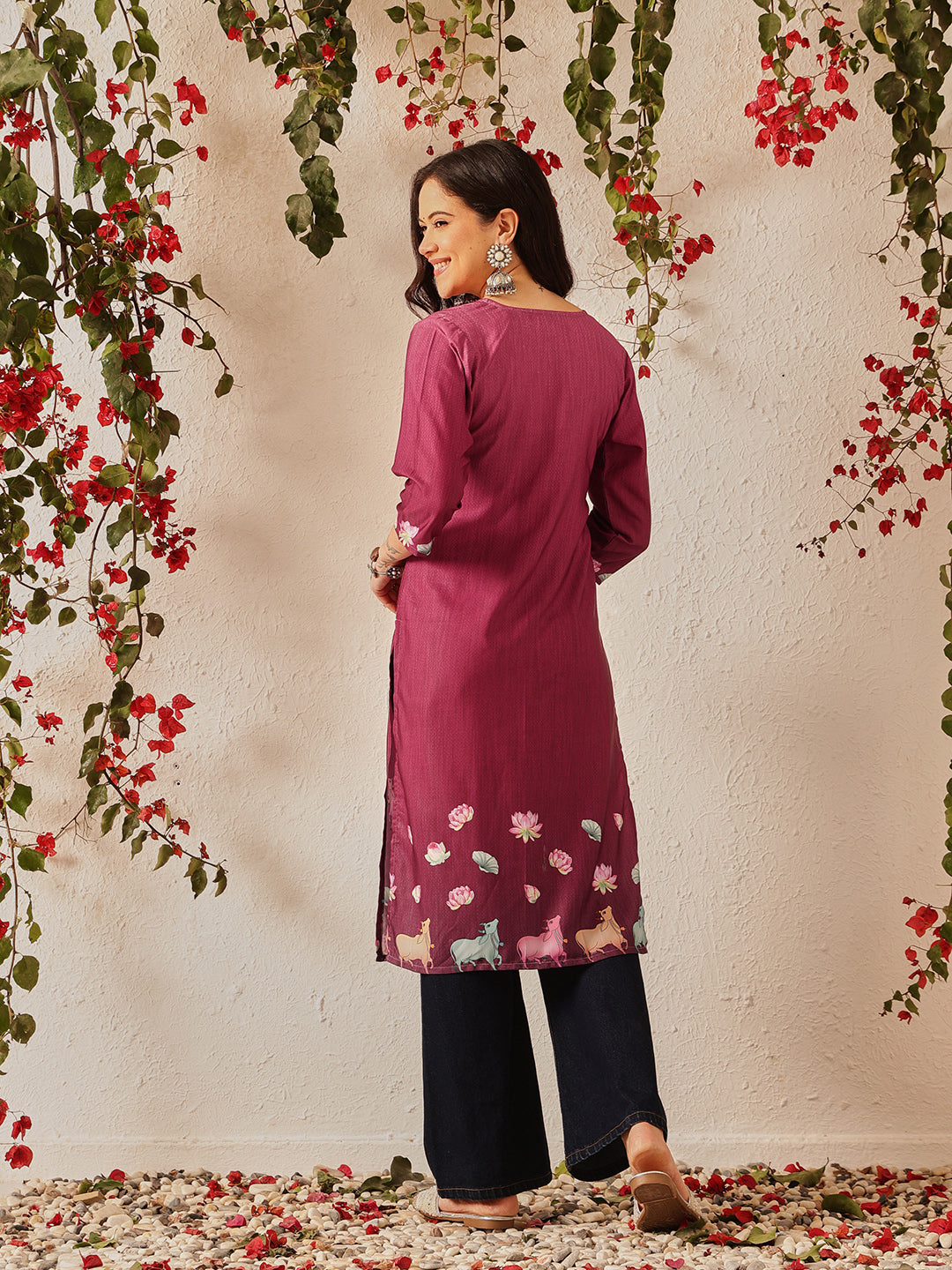 Women's Rayon Cotton Slub Regular Straight Printed Kurta