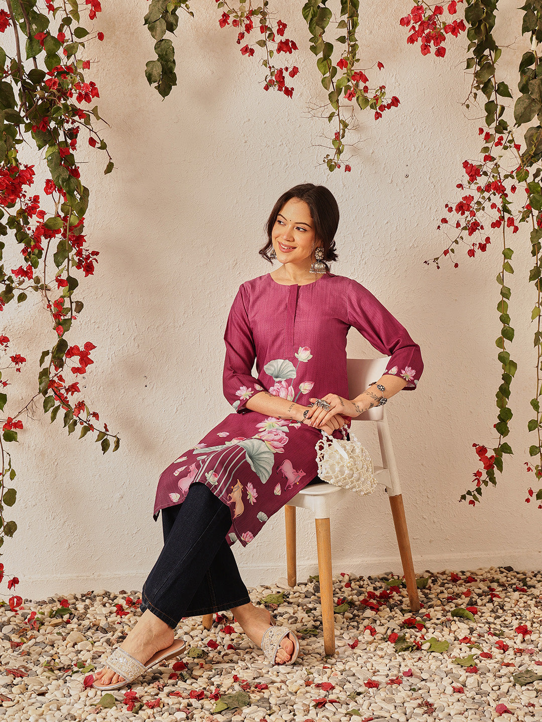 Women's Rayon Cotton Slub Regular Straight Printed Kurta