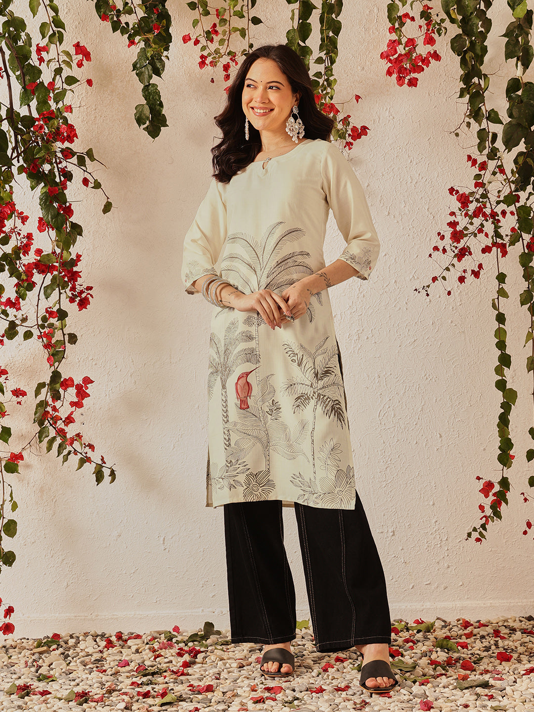 Women's Rayon Cotton Slub Regular Straight Printed Kurta