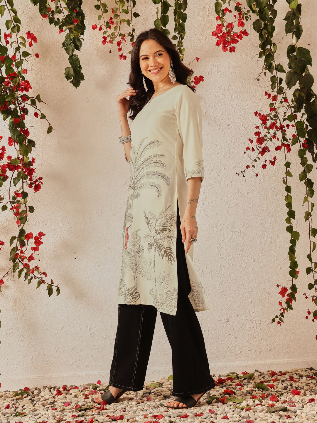 Women's Rayon Cotton Slub Regular Straight Printed Kurta