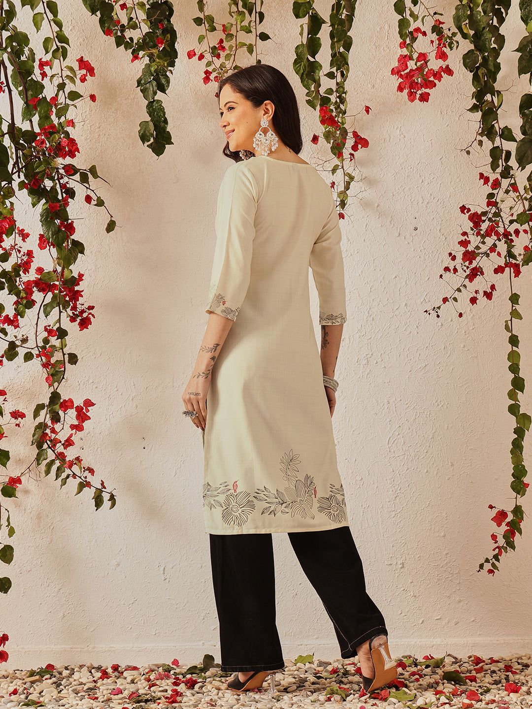 Women's Rayon Cotton Slub Regular Straight Printed Kurta