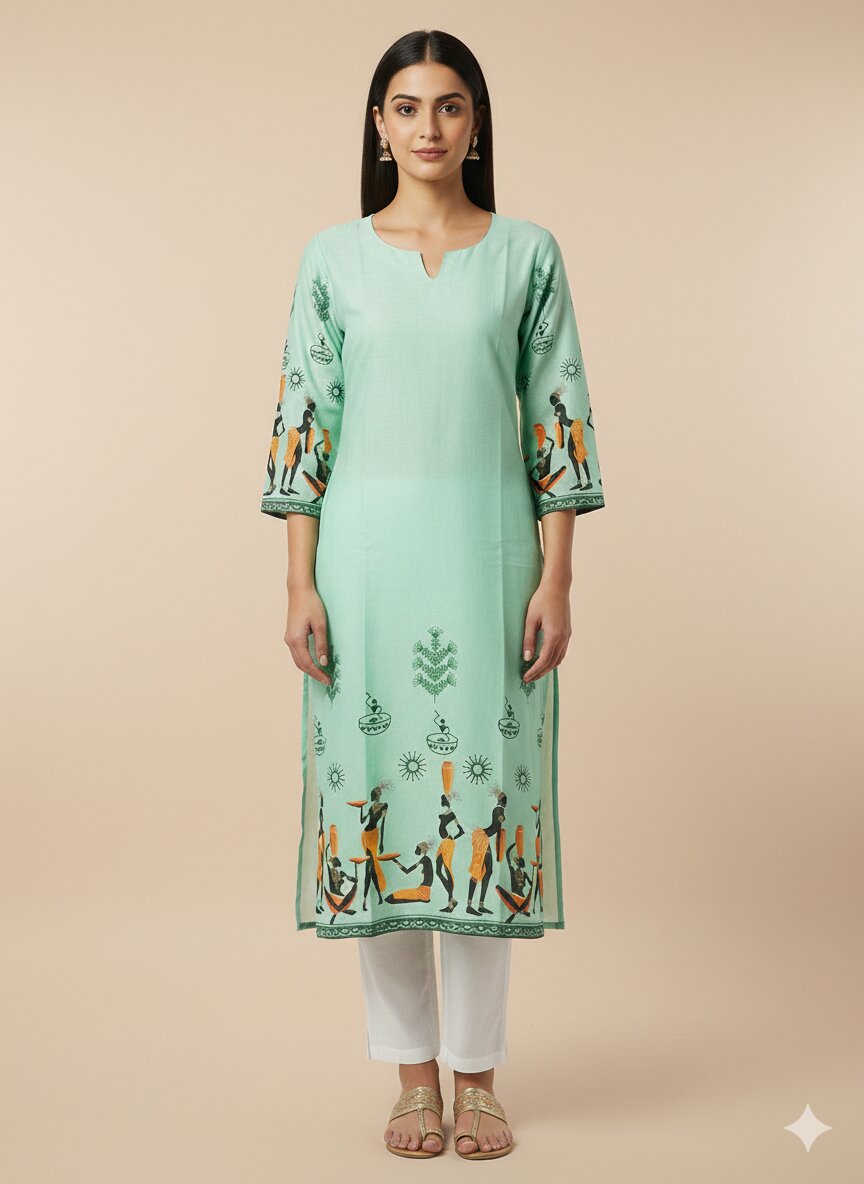 Women’s Casual Wear Rayon Blend Straight Kurta with Digital Print Keyhole Neck