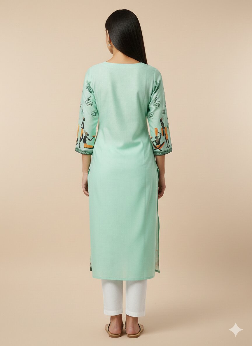 Women’s Casual Wear Rayon Blend Straight Kurta with Digital Print Keyhole Neck