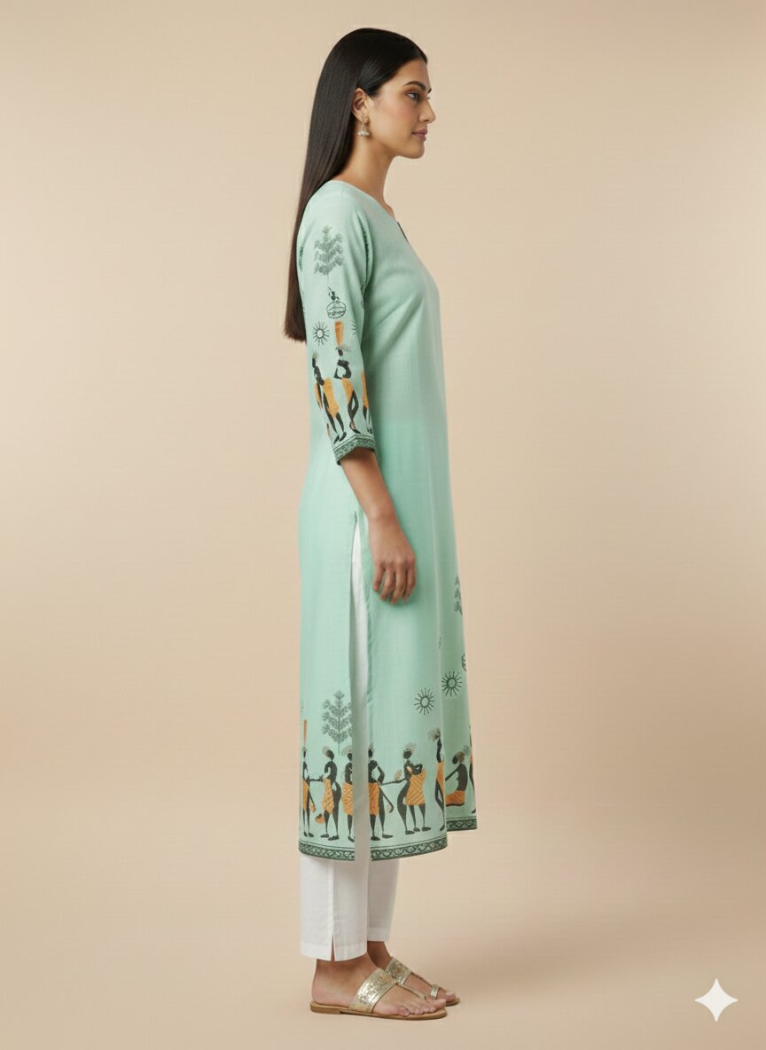 Women’s Casual Wear Rayon Blend Straight Kurta with Digital Print Keyhole Neck