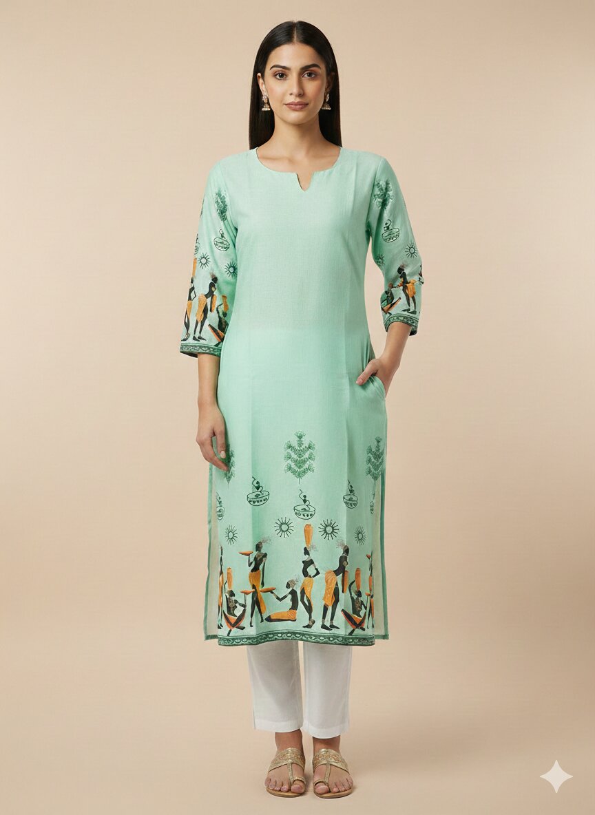 Women’s Casual Wear Rayon Blend Straight Kurta with Digital Print Keyhole Neck