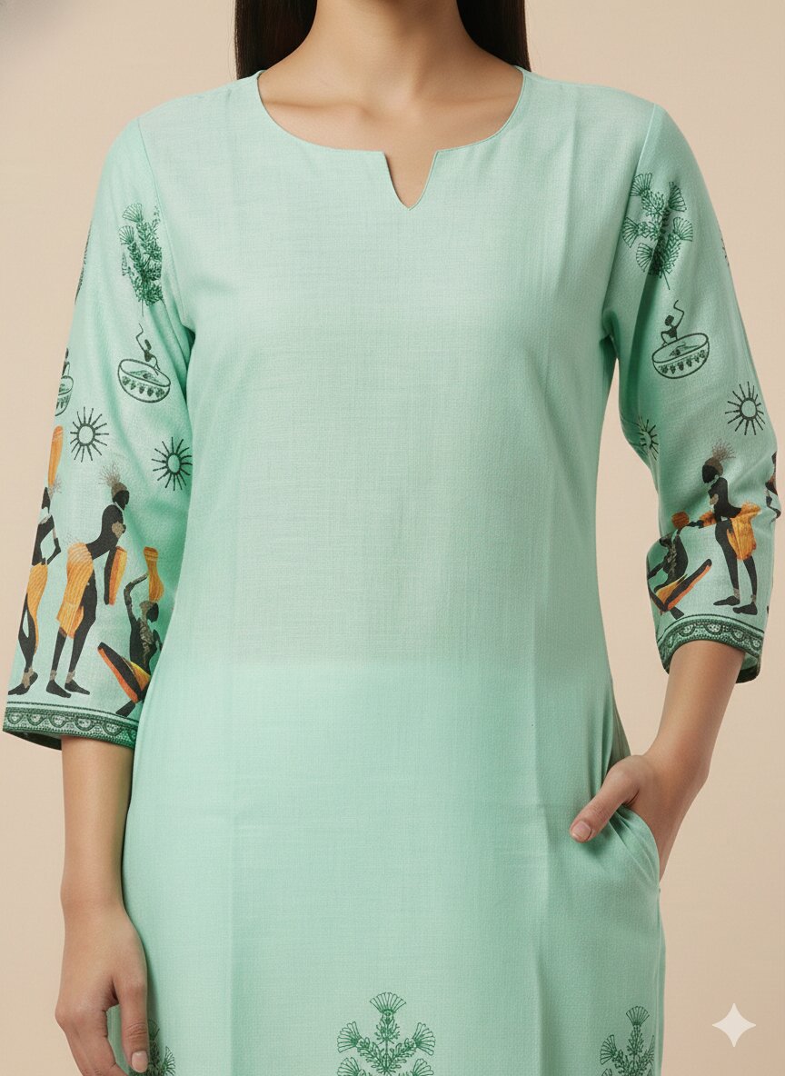 Women’s Casual Wear Rayon Blend Straight Kurta with Digital Print Keyhole Neck