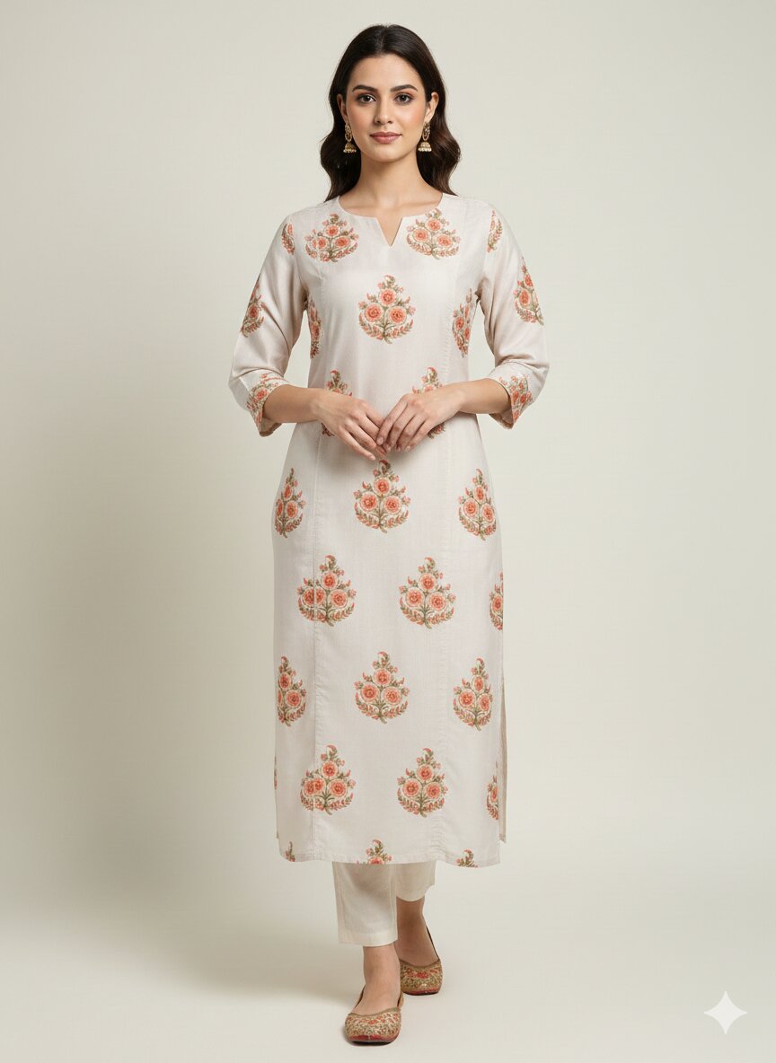 Women’s Casual Wear Rayon Blend Straight Kurta with Digital Print Keyhole Neck