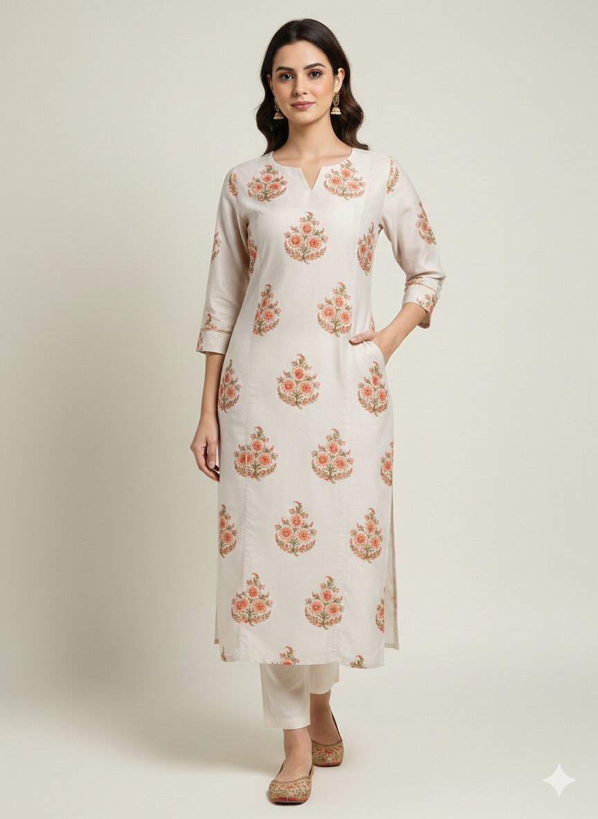 Women’s Casual Wear Rayon Blend Straight Kurta with Digital Print Keyhole Neck