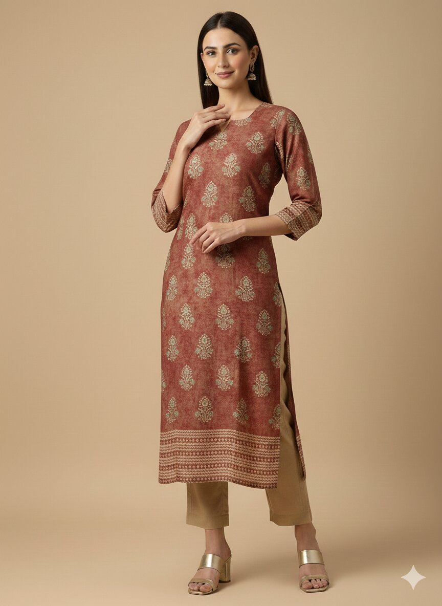 Women’s Casual Wear Rayon Blend Straight Kurta with Digital Print Keyhole Neck