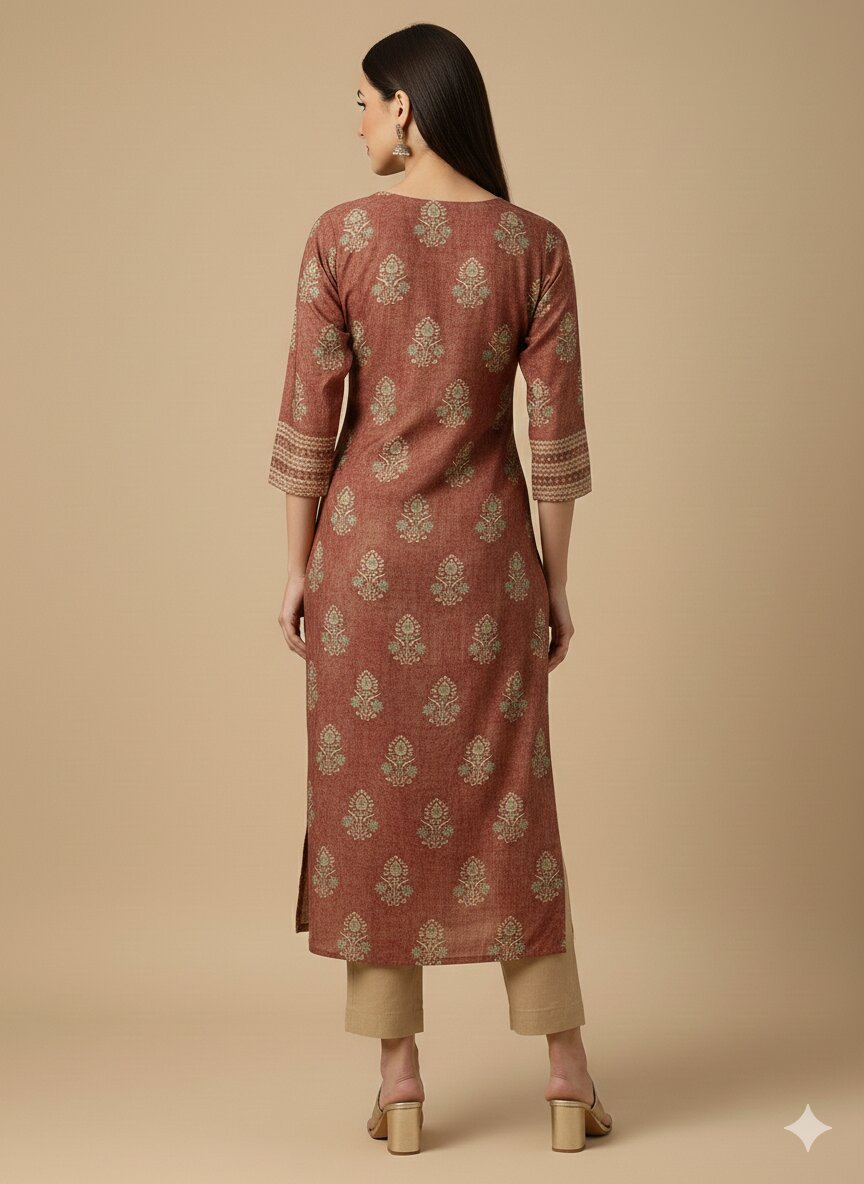 Women’s Casual Wear Rayon Blend Straight Kurta with Digital Print Keyhole Neck