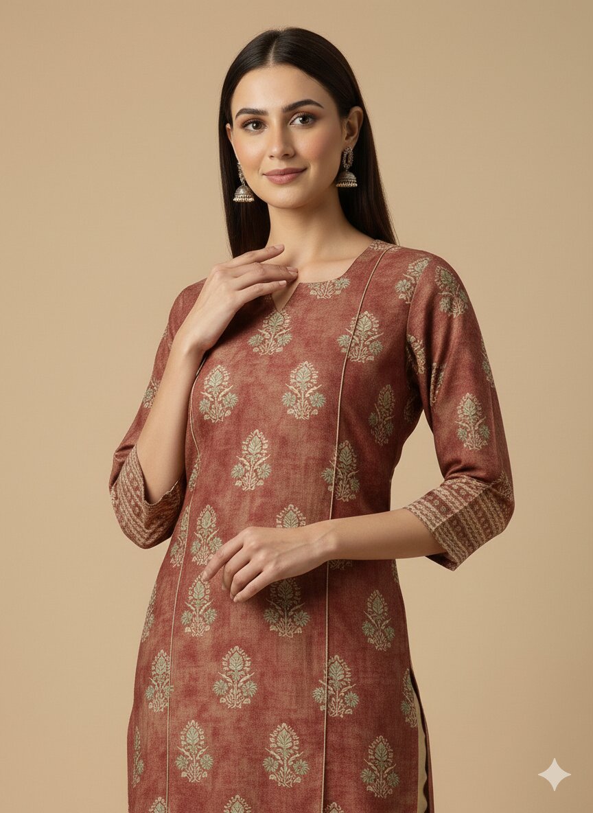 Women’s Casual Wear Rayon Blend Straight Kurta with Digital Print Keyhole Neck