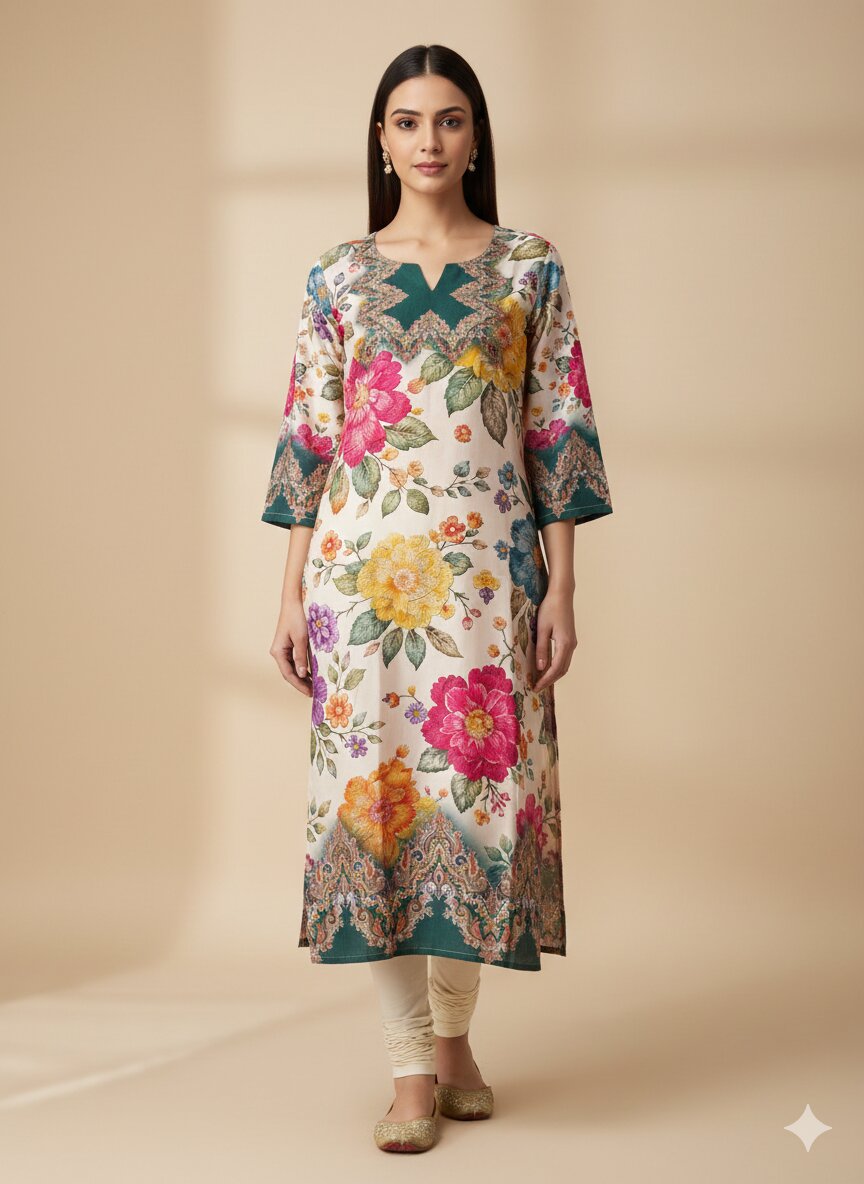 Women’s Casual Wear Rayon Blend Straight Kurta with Digital Print Keyhole Neck