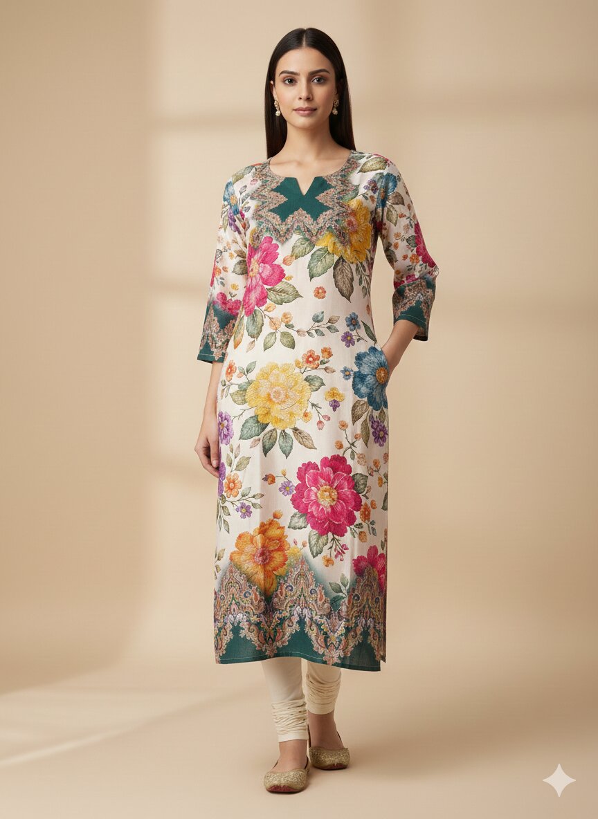 Women’s Casual Wear Rayon Blend Straight Kurta with Digital Print Keyhole Neck