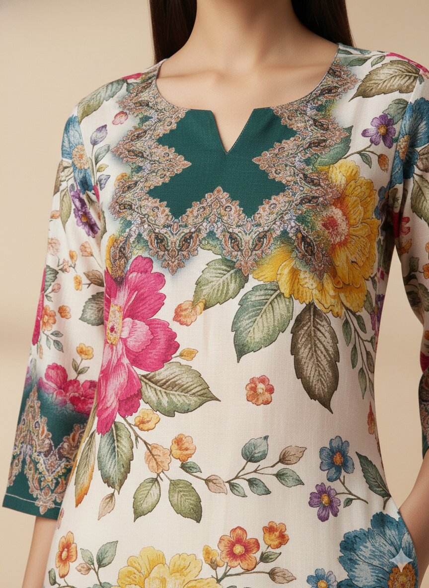 Women’s Casual Wear Rayon Blend Straight Kurta with Digital Print Keyhole Neck