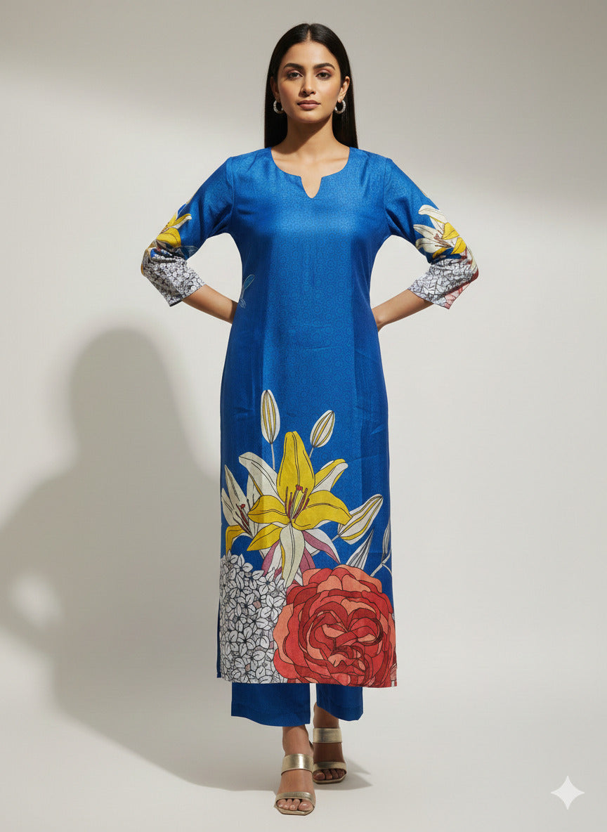 Women’s Casual Wear Rayon Blend Straight Kurta with Digital Print Keyhole Neck