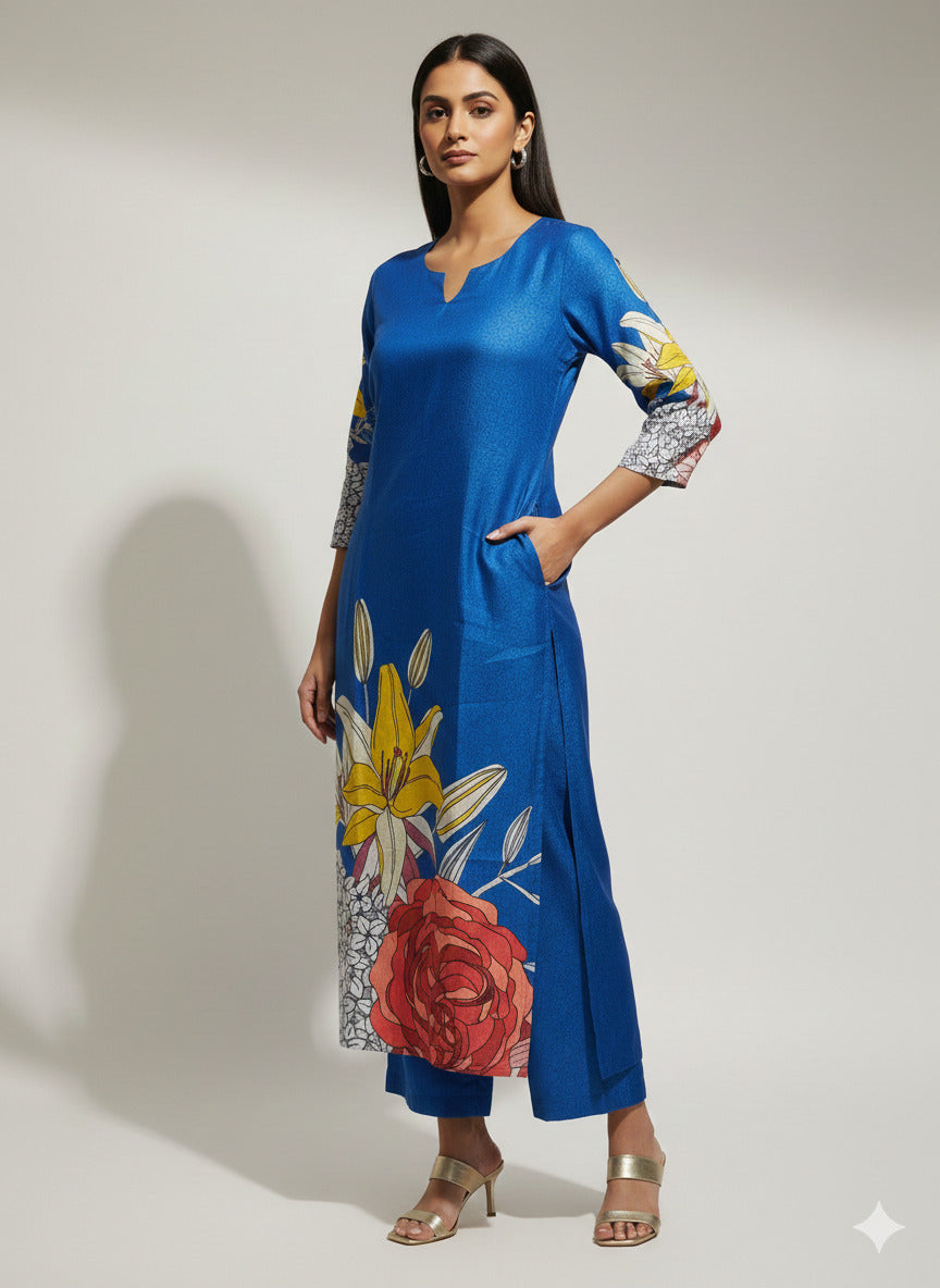 Women’s Casual Wear Rayon Blend Straight Kurta with Digital Print Keyhole Neck