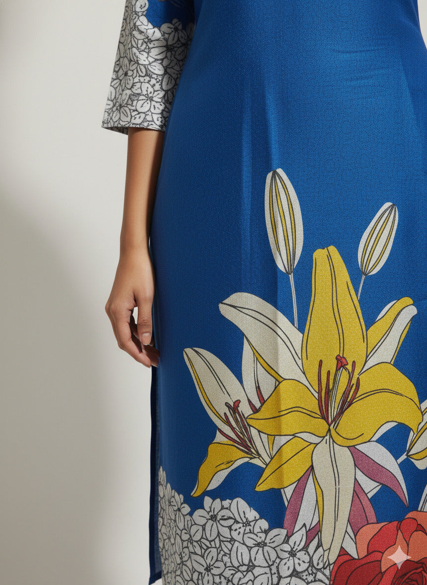 Women’s Casual Wear Rayon Blend Straight Kurta with Digital Print Keyhole Neck