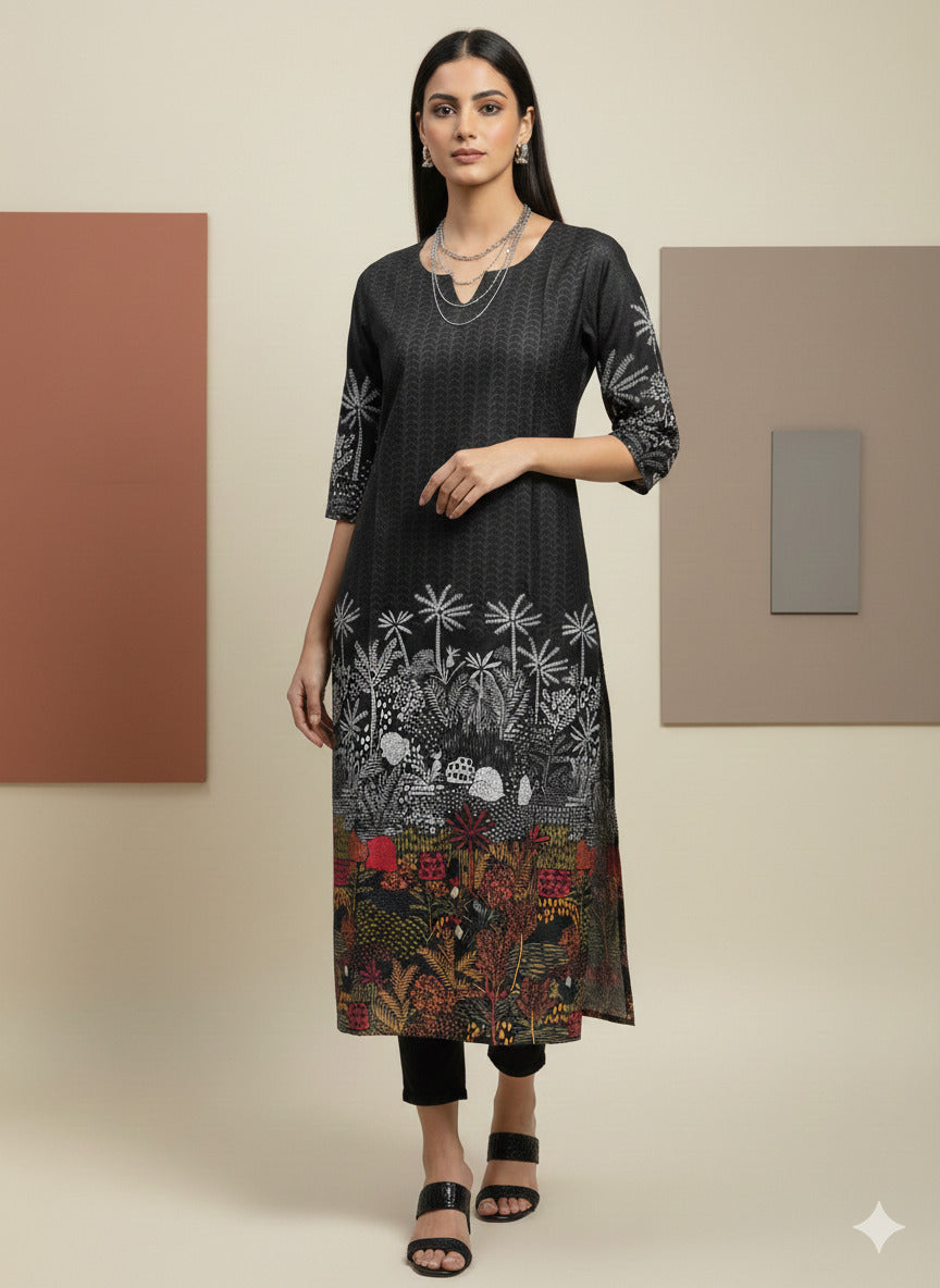 Women’s Casual Wear Rayon Blend Straight Kurta with Digital Print Keyhole Neck