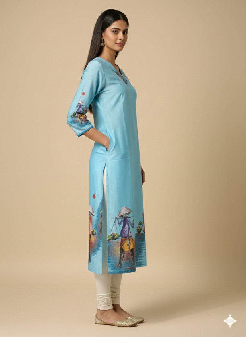 Women’s Casual Wear Rayon Blend Straight Kurta with Digital Print