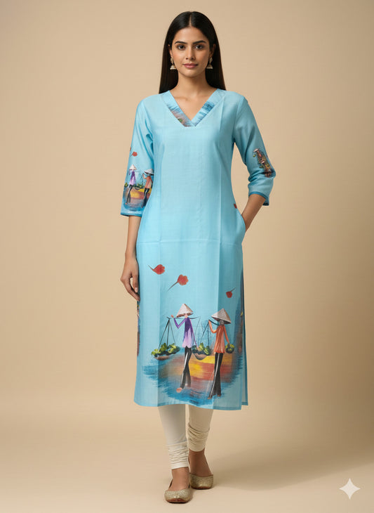 Women’s Casual Wear Rayon Blend Straight Kurta with Digital Print