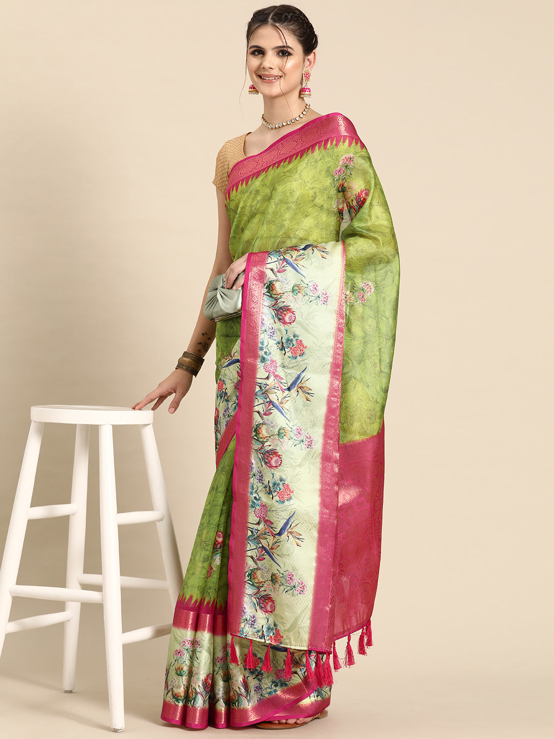 Kanjivaram Soft Silk Digital Printed Zari Woven Saree