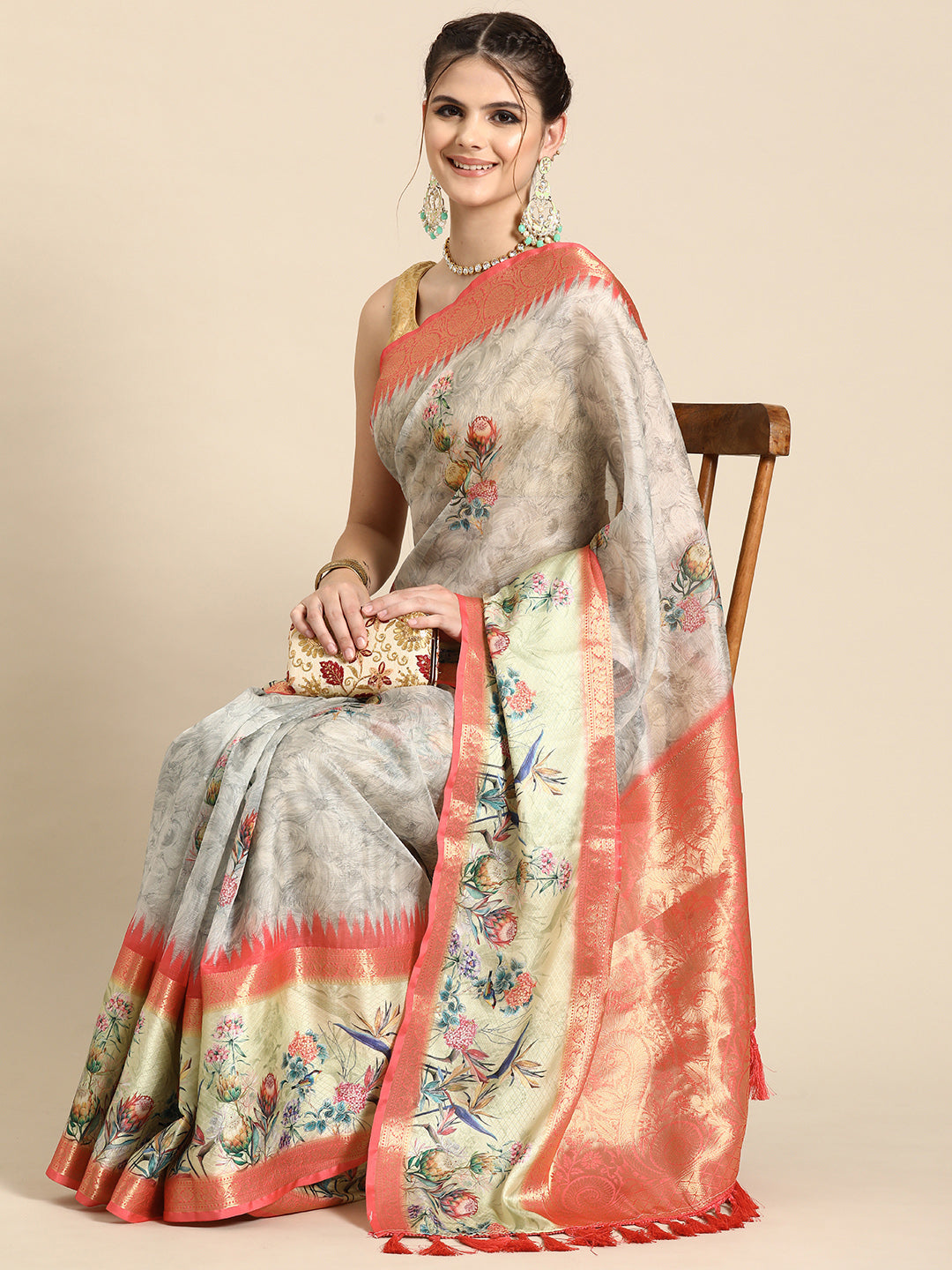 Kanjivaram Soft Silk Digital Printed Zari Woven Saree